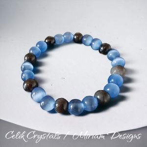 Silver Obsidian & Blue Cate Eye Bracelet Natural Stones 8mm Unisex